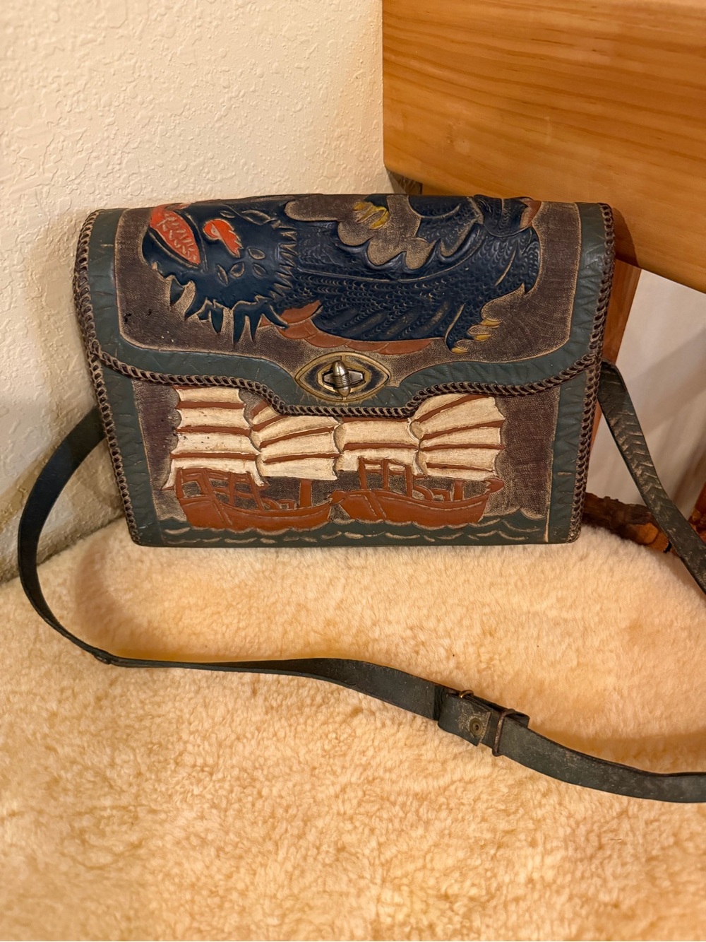 VINTAGE Hand-Tooled Leather Shoulder Bag (with ships and dragon)